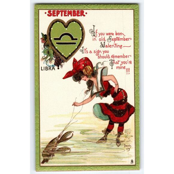 Tuck Postcard Dwig Libra Fashion Lady Lobster Zodiac September Horoscope 128 - Picture 1 of 2